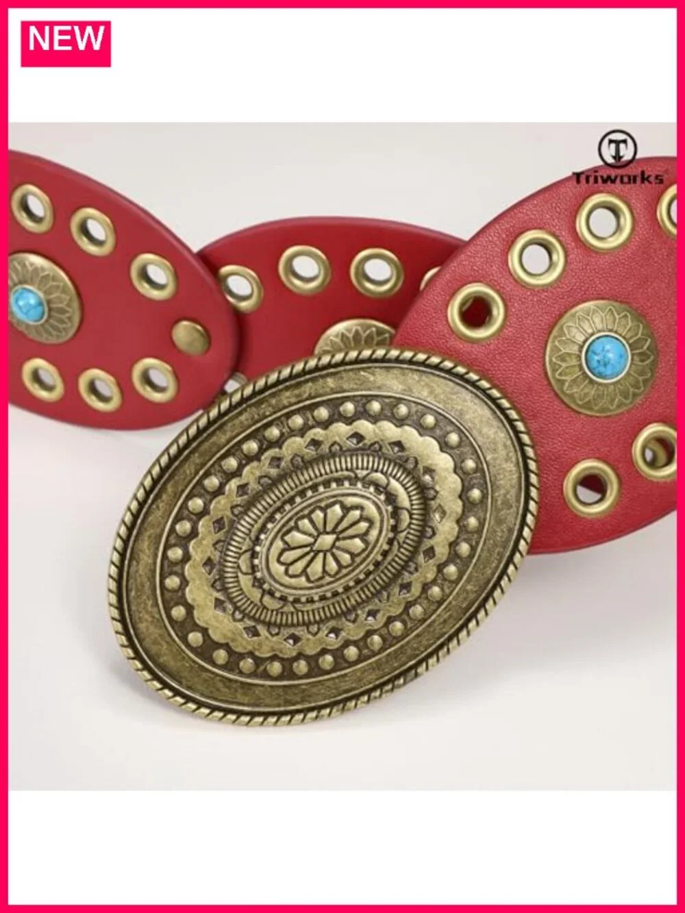 Wide Western Disc Belt with Turquoise Inlays PU Leather Concho Belt